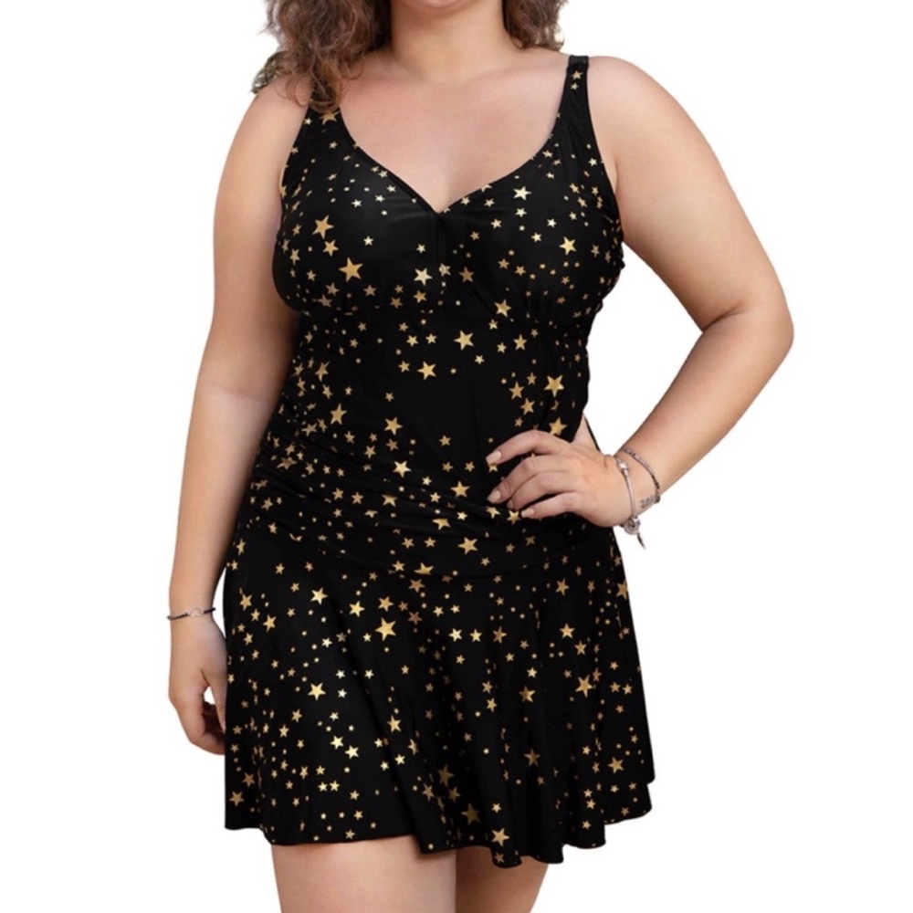 Black Swimsuit Swim Dress with Gold Star Pattern One Piece